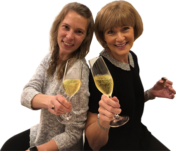 Winemaker Dana Blizzard and Mary celebrate with some bubbles